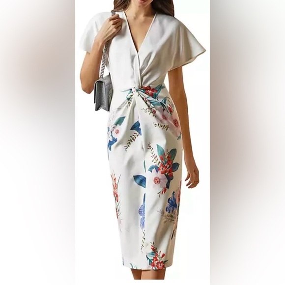 TED BAKER Nerris Jamboree Twist Detail Midi Dress White/ Multi Floral Size 1 - Picture 1 of 15